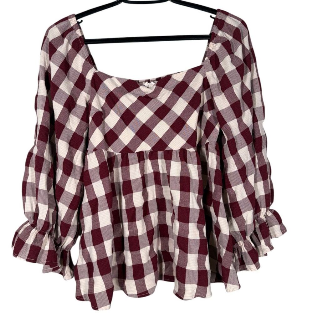 Entro Womens Gingham Babydoll Top Sz M Square Neck Cottagecore Flowy Feminine